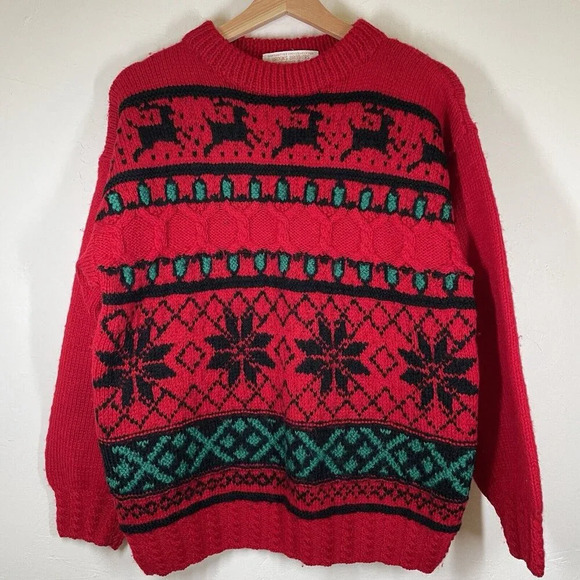 Vintage Brooks Brothers Hand Knitted Red Wool Holiday Christmas Sweater Large - Picture 1 of 10